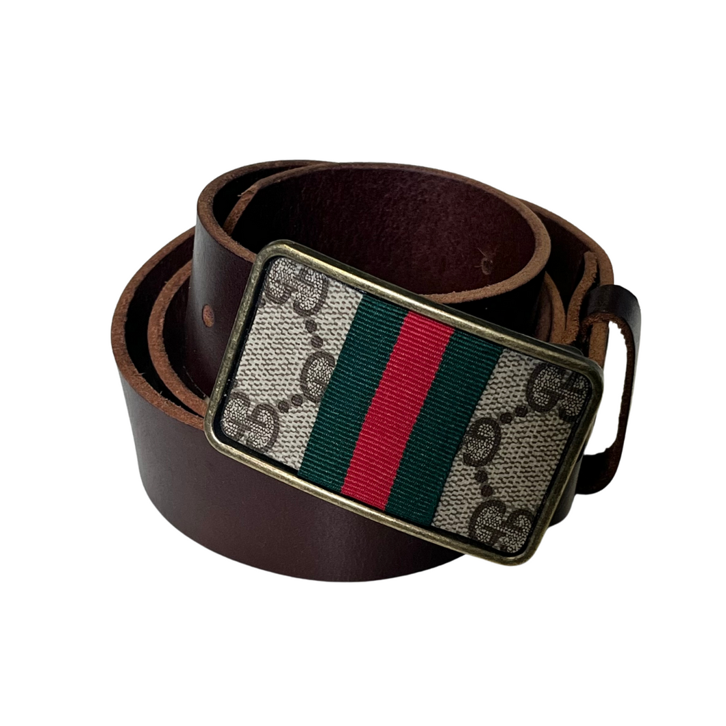 Vintage Gucci Stripe Square Buckle with Leather Belt