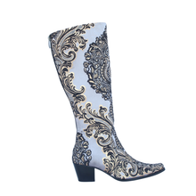 Load image into Gallery viewer, Stunning metallic hues of silver and gold with black knee high ladies boot, a luxurious statement piece that elevates any outfit with its opulent design
