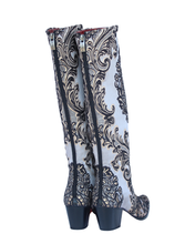 Load image into Gallery viewer, Elegant metallic silver and gold boot with accents of black adorned with a french scroll pattern, perfect for adding a touch of sophistication to your wardrobe.
