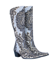 Load image into Gallery viewer, Exquisite metallic silverish gray and gold knee high ladies boot featuring a french scroll design, embodying luxury and elegance for any stylish occasion.
