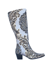 Load image into Gallery viewer, Stunning metallic hues of silver and gold with black knee high ladies boot, a luxurious statement piece that elevates any outfit with its opulent design
